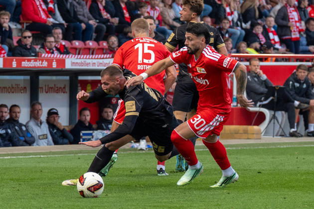 Deutschland: Fussball 1. Bundesliga, 5. Spieltag 2026 2027, 1.FC Union Berlin - SV Elversberg am 10.10.2026 in Berlin (Stadion An der Alten Försterei): Kastriot Imeri (1. FC Union Berlin, 30) im Zweikampf Copyright: xSvenxHeidmannx
