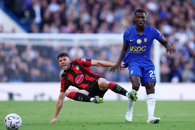 London, England, 10th October 2026. Ryan Christie of AFC Bournemouth and Moises Caicedo of Chelsea challenge for the ball during the Chelsea vs AFC Bournemouth Premier League match at Stamford Bridge, London. Picture credit should read: Paul Terry Sportimage EDITORIAL USE ONLY. No use with unauthorised audio, video, data, fixture lists, club league logos or live services. Online in-match use limited to 120 images, no video emulation. No use in betting, games or single club league player publications. SPI_022_PT_Chelsea_Bournemouth SPI-5060-0022