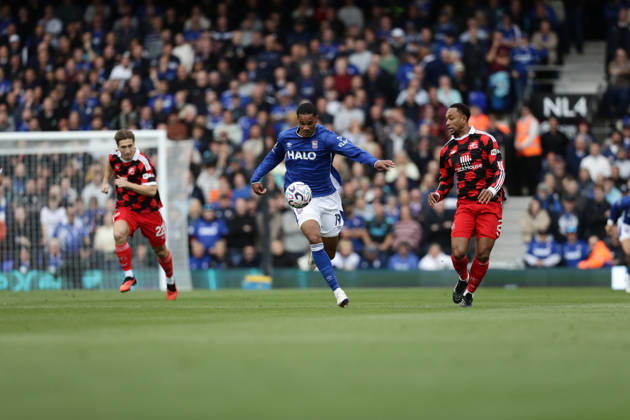 10th October 2026; Portman Road, Ipswich, Suffolk, England; Premier League Football, Ipswich Town versus Fulham; Emersonn of Ipswich Town and Kenny Tete of Fulham AndyxSkinner
