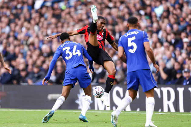 Chelsea v Bournemouth 10 October 2026, London - Premier League Football - Chelsea v Bournemouth - Rayan of Bournemouth falls over Josh Acheampong of Chelsea - Photo: Jacques Feeney Offside. London UK Copyright: xJacquesxFeeneyx xOffsidexOffside