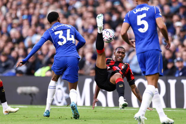 Chelsea v Bournemouth 10 October 2026, London - Premier League Football - Chelsea v Bournemouth - Rayan of Bournemouth falls over Josh Acheampong of Chelsea - Photo: Jacques Feeney Offside. London UK Copyright: xJacquesxFeeneyx xOffsidexOffside