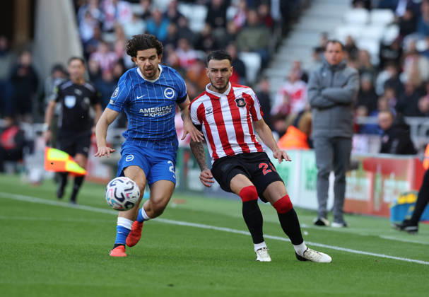 Sunderland, England, 10th October 2026. Enzo Le Fee (R) of Sunderland in action with Ferdi Kadioglu of Brighton and Hove Albion during the Sunderland vs Brighton and Hove Albion Premier League match at the Stadium Of Light, Sunderland. Picture credit should read: Nigel Roddis Sportimage EDITORIAL USE ONLY. No use with unauthorised audio, video, data, fixture lists, club league logos or live services. Online in-match use limited to 120 images, no video emulation. No use in betting, games or single club league player publications. SPI_018_NR_SUND_BRIG SPI-5059-0018