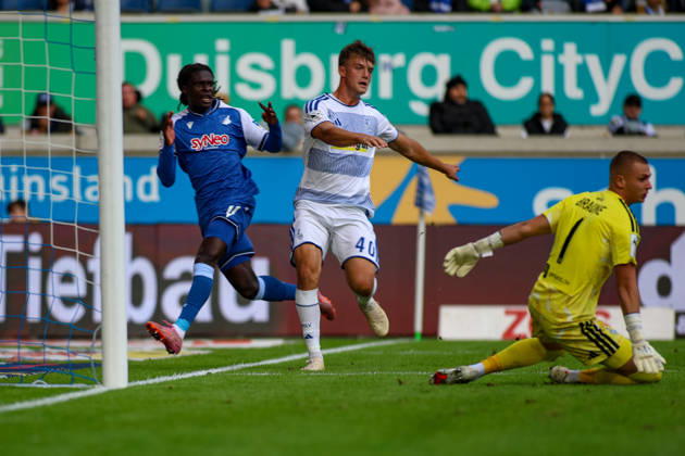 10.10.2026, GER, Fussball, Herren, 3. Liga, Saison 2026 2027, MSV Duisburg - TSG Hoffenheim II Max Besuschkow (MSV) erzielt das Tor zum 0:1 Copyright: xSvenxHanischx