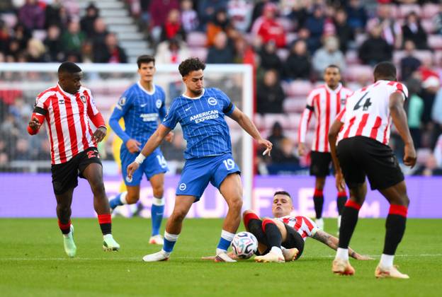 Charalampos Kostoulas of Brighton & Hove Albion (centre) Sunderland v Brighton & Hove Albion, Premier League, Football, Stadium of Light, Sunderland, UK - 10 Oct 2026Sunderland Stadium of Light United Kingdom EDITORIAL USE ONLY No use with unauthorised audio, video, data, fixture lists, club league logos or live services. Online in-match use limited to 120 images, no video emulation. No use in betting, games or single club league player publications. Copyright: xRichardxLee Shutterstockx 17205894aj