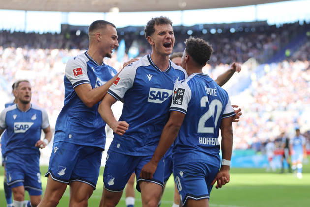10.10.2026, xtvx, Fussball 1.Bundesliga, TSG 1899 Hoffenheim - Hamburger SV v.l. Goal scored, Tor zum 2:1 Bambase Conte (TSG 1899 Hoffenheim) Torjubel, Goal celebration, celebrate the goal, celebrates scoring (DFL DFB REGULATIONS PROHIBIT ANY USE OF PHOTOGRAPHS as IMAGE SEQUENCES and or QUASI-VIDEO) Sinsheim
