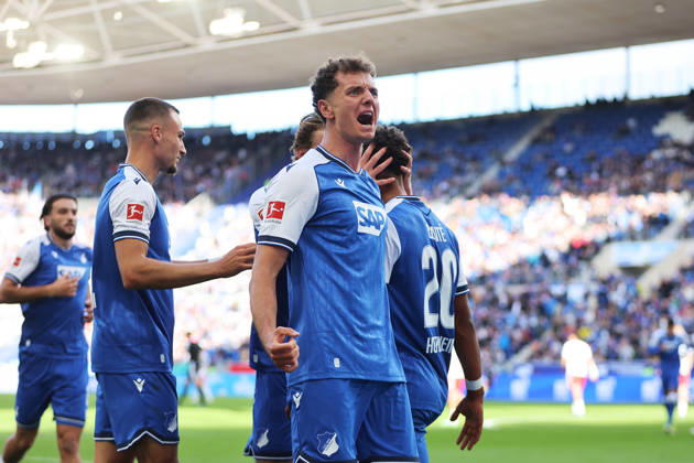 10.10.2026, xtvx, Fussball 1.Bundesliga, TSG 1899 Hoffenheim - Hamburger SV v.l. Goal scored, Tor zum 2:1 Bambase Conte (TSG 1899 Hoffenheim) Torjubel, Goal celebration, celebrate the goal, celebrates scoring Fisnik Asllani (TSG 1899 Hoffenheim) (DFL DFB REGULATIONS PROHIBIT ANY USE OF PHOTOGRAPHS as IMAGE SEQUENCES and or QUASI-VIDEO) Sinsheim