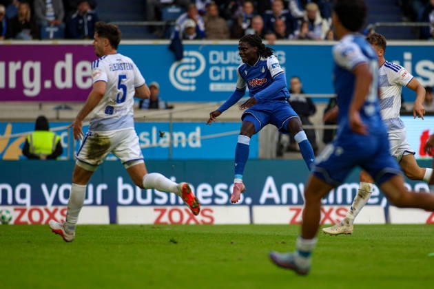 10.10.2026, GER, Fussball, Herren, 3. Liga, Saison 2026 2027, MSV Duisburg - TSG Hoffenheim II Blessing Maleko Makanda (TSG II) erzielt das Tor zum 0:2 Copyright: xSvenxHanischx