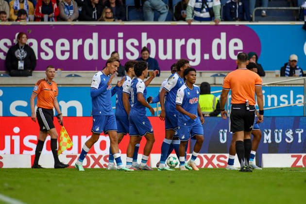10.10.2026, GER, Fussball, Herren, 3. Liga, Saison 2026 2027, MSV Duisburg - TSG Hoffenheim II Blessing Maleko Makanda (TSG II) Torjubel, jubelt mit seiner Mannschaft nach dem Treffer zum 0:2 Copyright: xSvenxHanischx