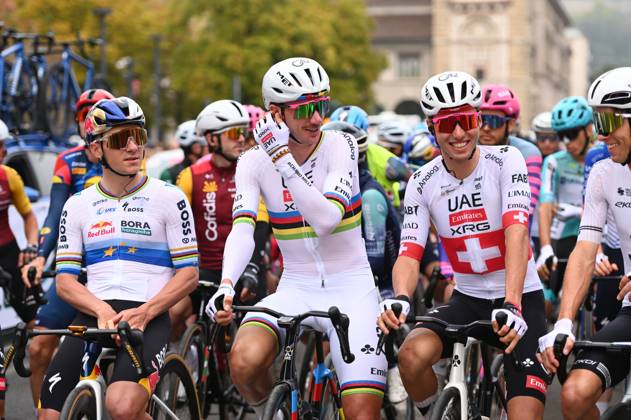 Il Lombardia 2026: 120th Edition Remco Evenepoel and Brandon McNulty at the start of the 120th edition of Il Lombardia in Bergamo, Italy, on October 10, 2026. Bergamo Italy  Copyright: xSilviaxColombox originalFilename:colombo-notitle261010_npcBf.jpg
