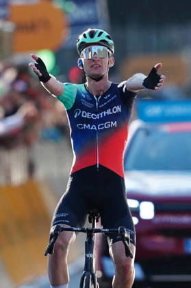 France s Paul Seixas of Decathlon CMA CGM Team celebrates as he cycles to the finish line to win during the 120th edition of the Il Lombardia, Tour of Lombardy cycling race, a 239 km one day race from Bergamo to Como on October 10, 2026, Italy.  Copyright: xGianxMattiaxD Alberto LaPressex