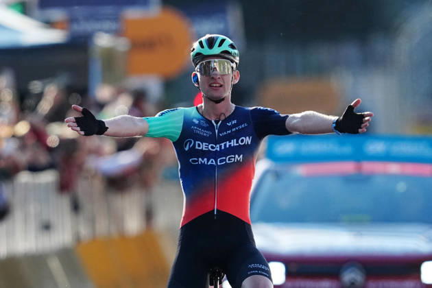 France s Paul Seixas of Decathlon CMA CGM Team celebrates as he cycles to the finish line to win during the 120th edition of the Il Lombardia, Tour of Lombardy cycling race, a 239 km one day race from Bergamo to Como on October 10, 2026, Italy.  Copyright: xGianxMattiaxD Alberto LaPressex