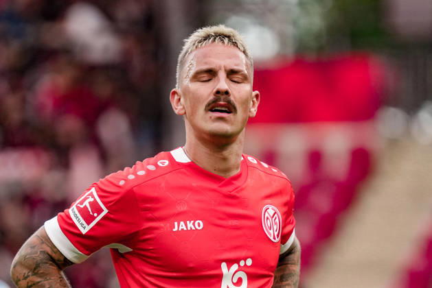 Deutschland: Fussball Saison 2026 2027 , 1. Bundesliga , 5. Spieltag , 1. FSV Mainz 05 vs. Bayer 04 Leverkusen - MEWA-Arena (Mainz) : Phillip Tietz (1. FSV Mainz 05, 9) Mimik, Gesichtsausdruck, Emotion Mainz MEWA-Arena Deutschland Germany Copyright: xBennetxLongx
