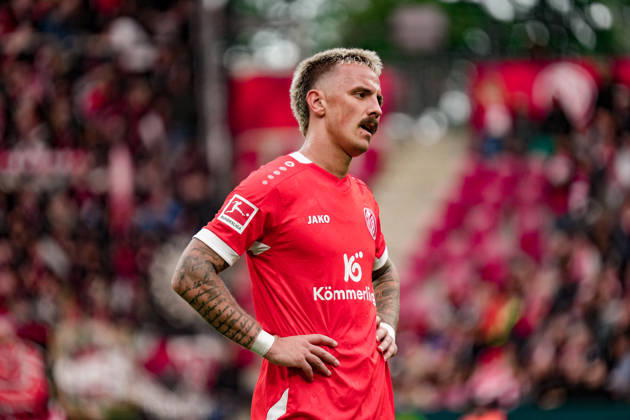Deutschland: Fussball Saison 2026 2027 , 1. Bundesliga , 5. Spieltag , 1. FSV Mainz 05 vs. Bayer 04 Leverkusen - MEWA-Arena (Mainz) : Phillip Tietz (1. FSV Mainz 05, 9) Mimik, Gesichtsausdruck, Emotion Mainz MEWA-Arena Deutschland Germany Copyright: xBennetxLongx