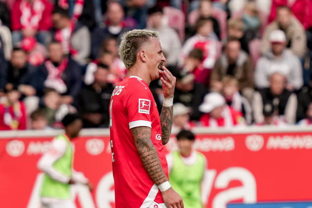 Deutschland: Fussball Saison 2026 2027 , 1. Bundesliga , 5. Spieltag , 1. FSV Mainz 05 vs. Bayer 04 Leverkusen - MEWA-Arena (Mainz) : Phillip Tietz (1. FSV Mainz 05, 9) Mimik, Gesichtsausdruck, Emotion Mainz MEWA-Arena Deutschland Germany Copyright: xBennetxLongx