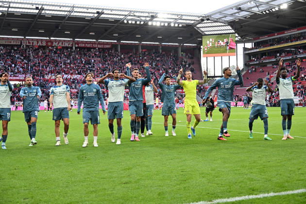 10.10.2026, xsltx, Fussball 1.Bundesliga, FSV Mainz 05 - Bayer 04 Leverkusen v.l. Jubel, Freude über den Sieg (DFL DFB REGULATIONS PROHIBIT ANY USE OF PHOTOGRAPHS as IMAGE SEQUENCES and or QUASI-VIDEO) Mainz