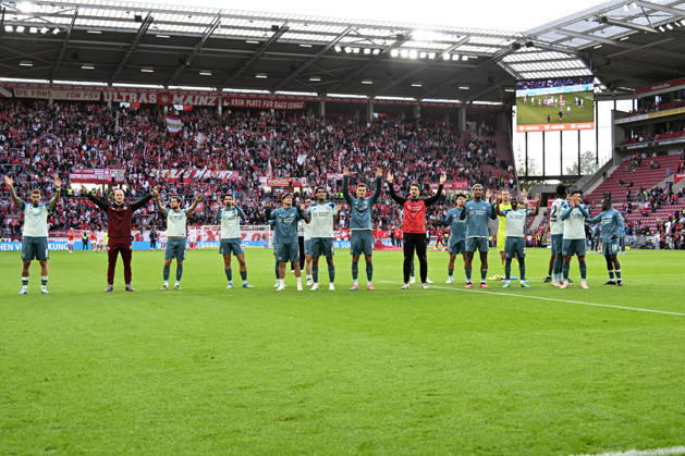 10.10.2026, xsltx, Fussball 1.Bundesliga, FSV Mainz 05 - Bayer 04 Leverkusen v.l. Jubel, Freude über den Sieg (DFL DFB REGULATIONS PROHIBIT ANY USE OF PHOTOGRAPHS as IMAGE SEQUENCES and or QUASI-VIDEO) Mainz