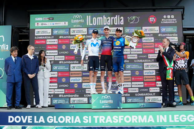 Urbano Cairo, France s Paul Seixas of Decathlon CMA CGM Team first place winner, Spain s Enric Mas Nicolau of Movistar Team second place and Italy s Giulio Ciccone of Lidl-Trek third place, celebrates on the podium during the 120th edition of the Il Lombardia, Tour of Lombardy cycling race, a 239 km one day race from Bergamo to Como on October 10, 2026, Italy.  Copyright: xGianxMattiaxD Alberto LaPressex