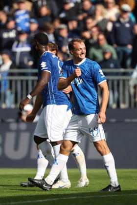 2026.10.10 Fussball 2.Bundesliga SV Darmstadt 98 - Energie Cottbus v.l., Fynn Luca Lakenmacher (SV Darmstadt 98) seen celebrating after scoring goal to 3:1 Copyright: HMBxMedia JoaquimxFerreira