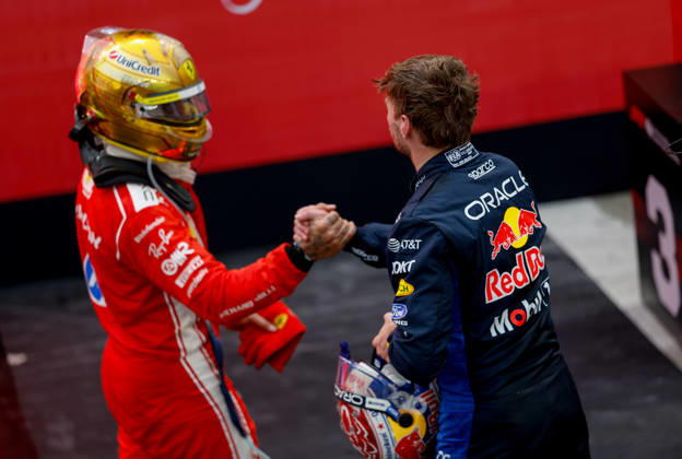 F1 - SINGAPORE GRAND PRIX 2026 VERSTAPPEN Max (nld), Red Bull Racing Ford RB22, portrait, HAMILTON Lewis (gbr), Scuderia Ferrari SF-26, portrait, Parc ferme during the 2026 Formula 1 Singapore Grand Prix, 17th round of the 2026 Formula One World Championship, WM, Weltmeisterschaft from October 9 to 11, 2026 on the Marina Bay Street Circuit, in Singapore, Singapore - SingaporeSingapore Copyright: xDPPIx