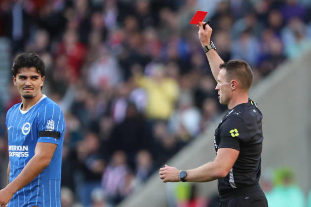 10th October 2026; Stadium of Light, Sunderland, England; Premier League Football, Sunderland versus Brighton and Hove Albion; the referee gives Pascal Struijk of Brighton and Hove Albion a red card DavexLofthouse