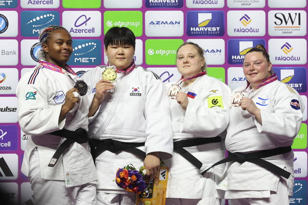 AZERBAIJAN, BAKU - OCTOBER 10, 2026: France s Romane Dicko, South Korea s Lee Hyeon-ji, Russia s Maria Ivanova and Israel s Raz Hershko (L-R) celebrate their silver, gold and two bronze medals respectively during a victory ceremony for the women s heavyweight event as the 2026 World Judo Championships takes place at the National Gymnastics Arena 2026 World Judo Championships In Baku  - ZUMAt113 20261010_zaa_t113_462 Copyright: xMikhailxSinitsynx