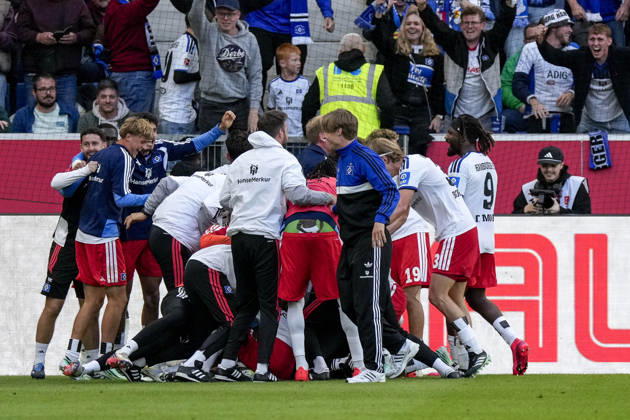 Spieler vom Hamburger SV (HSV), jubeln über das Tor zum 2:3, Jubel, Torjubel, Torerfolg, celebrate the goal, goal, celebration, jubelt ueber das Tor, Freuen, Freude, freut sich, optimistisch, positiv, Spielszene, Highlight, Action, Aktion, 10.10.2026, Sinsheim (Deutschland), Fussball, Bundesliga, TSG 1899 Hoffenheim - Hamburger SV, DFB DFL REGULATIONS PROHIBIT ANY USE OF PHOTOGRAPHS AS IMAGE SEQUENCES AND OR QUASI-VIDEO.