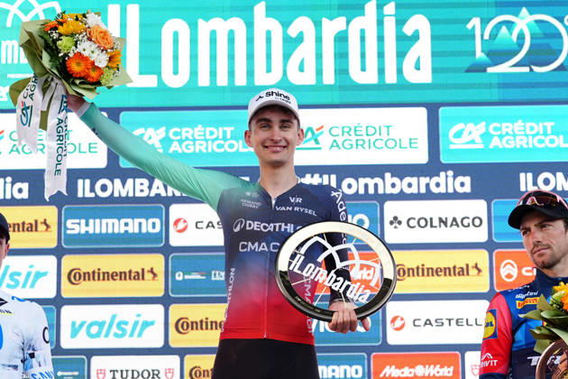 France s Paul Seixas of Decathlon CMA CGM Team first place winner, Spain s Enric Mas Nicolau of Movistar Team second place, Italy s Giulio Ciccone of Lidl-Trek third place, celebrates on the podium during the 120th edition of the Il Lombardia, Tour of Lombardy cycling race, a 239 km one day race from Bergamo to Como on October 10, 2026, Italy.  Copyright: xGianxMattiaxD Alberto LaPressex