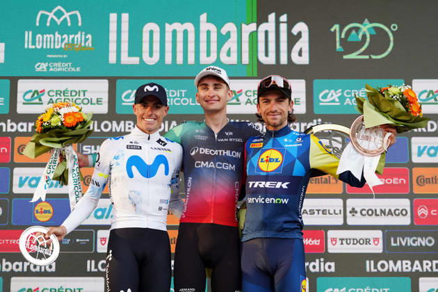 France s Paul Seixas of Decathlon CMA CGM Team first place winner, Spain s Enric Mas Nicolau of Movistar Team second place, Italy s Giulio Ciccone of Lidl-Trek third place, celebrates on the podium during the 120th edition of the Il Lombardia, Tour of Lombardy cycling race, a 239 km one day race from Bergamo to Como on October 10, 2026, Italy.  Copyright: xGianxMattiaxD Alberto LaPressex