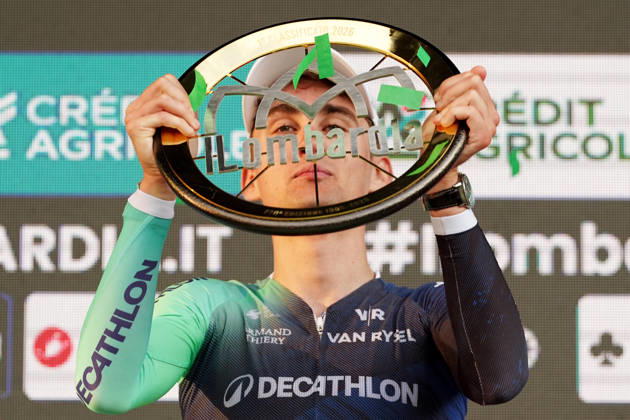 France s Paul Seixas of Decathlon CMA CGM Team first place winner celebrates on the podium during the 120th edition of the Il Lombardia, Tour of Lombardy cycling race, a 239 km one day race from Bergamo to Como on October 10, 2026, Italy.  Copyright: xGianxMattiaxD Alberto LaPressex