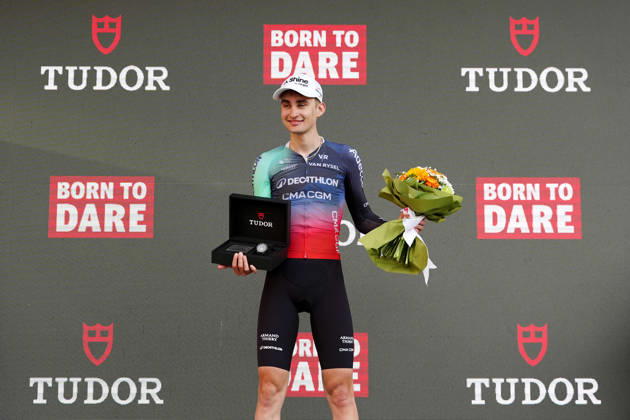 France s Paul Seixas of Decathlon CMA CGM Team first place winner and Tudor Awards celebrates on the podium during the 120th edition of the Il Lombardia, Tour of Lombardy cycling race, a 239 km one day race from Bergamo to Como on October 10, 2026, Italy.  Copyright: xGianxMattiaxD Alberto LaPressex