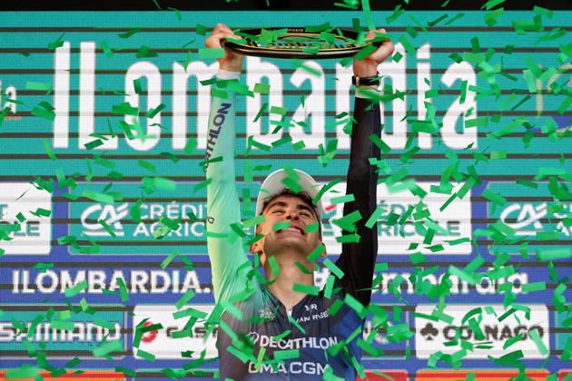 France s Paul Seixas of Decathlon CMA CGM Team first place winner celebrates on the podium during the 120th edition of the Il Lombardia, Tour of Lombardy cycling race, a 239 km one day race from Bergamo to Como on October 10, 2026, Italy.  Copyright: xGianxMattiaxD Alberto LaPressex
