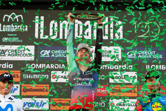 France s Paul Seixas of Decathlon CMA CGM Team first place winner celebrates on the podium during the 120th edition of the Il Lombardia, Tour of Lombardy cycling race, a 239 km one day race from Bergamo to Como on October 10, 2026, Italy.  Copyright: xGianxMattiaxD Alberto LaPressex