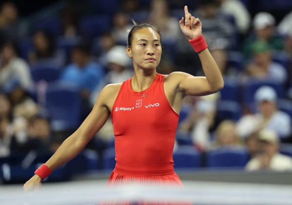 (261010) -- BEIJING, Oct. 10, 2026 -- Zheng Qinwen reacts during the women s singles semifinal between Zheng Qinwen of China and Elise Mertens of Belgium at 2026 China Open tennis tournament in Beijing, China, Oct. 10, 2026. ) (SP)CHINA-BEIJING-TENNIS-CHINA OPEN-WOMEN S SINGLES-SEMIFINAL (CN) ZhangxChenlin 