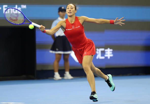 (261010) -- BEIJING, Oct. 10, 2026 -- Zheng Qinwen hits a return during the women s singles semifinal between Zheng Qinwen of China and Elise Mertens of Belgium at 2026 China Open tennis tournament in Beijing, China, Oct. 10, 2026. ) (SP)CHINA-BEIJING-TENNIS-CHINA OPEN-WOMEN S SINGLES-SEMIFINAL (CN) ZhangxChenlin 