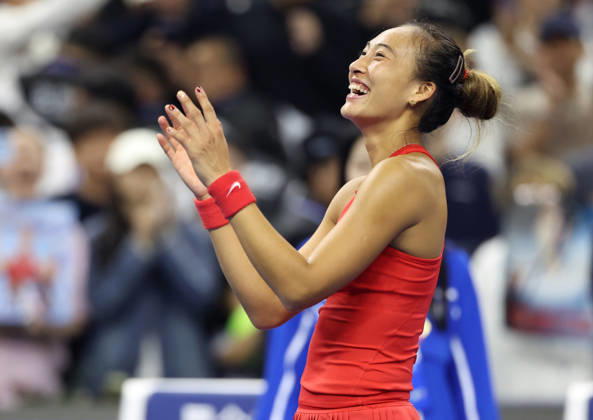 (261010) -- BEIJING, Oct. 10, 2026 -- Zheng Qinwen celebrates after the women s singles semifinal between Zheng Qinwen of China and Elise Mertens of Belgium at 2026 China Open tennis tournament in Beijing, China, Oct. 10, 2026. ) (SP)CHINA-BEIJING-TENNIS-CHINA OPEN-WOMEN S SINGLES-SEMIFINAL (CN) ZhangxChenlin 