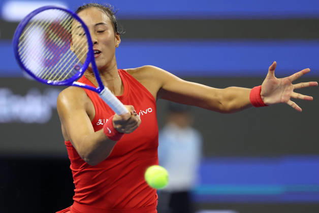 (261010) -- BEIJING, Oct. 10, 2026 -- Zheng Qinwen hits a return during the women s singles semifinal between Zheng Qinwen of China and Elise Mertens of Belgium at 2026 China Open tennis tournament in Beijing, China, Oct. 10, 2026. ) (SP)CHINA-BEIJING-TENNIS-CHINA OPEN-WOMEN S SINGLES-SEMIFINAL (CN) ZhangxChenlin 