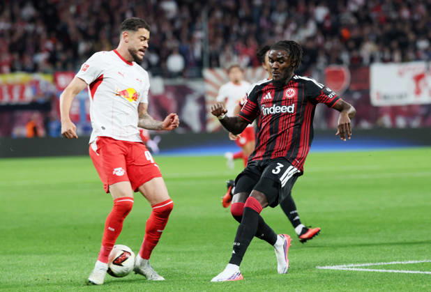 RB Leipzig - Frankfurt Bundesliga Leipzig, 10.10.2026, Red Bull Arena, Fußball, 1.Bundesliga, 5.Spieltag , RB Leipzig vs. SG Eintracht Frankfurt , Im Bild von links: Romulo (40, RB Leipzig), Lilian Brassier (3, Frankfurt). , Nur zur redaktionellen Nutzung. Only editorial use. , DFL DFB regulations prohibit any use of photographs as image sequences and or quasi-video. ,