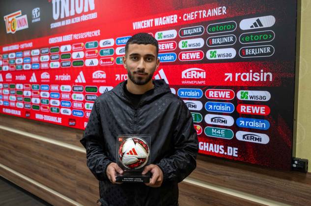 Fußball, Herren, Saison 2026 2027, 1. Bundesliga (5. Spieltag), 1. FC Union Berlin - SV 07 Elversberg, Livan Burcu (1. FC Union Berlin) wurde als Man of the Match ausgezeichnet, 10.10.2026, Copyright: xMatthiasxKochx