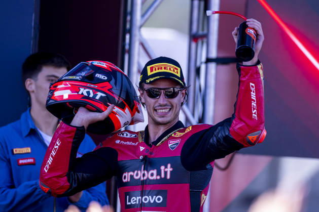 October 10, 2026, Cascais, Lisboa, Portugal: ESTORIL, PORTUGAL - OCTOBER 10: Nicolo Bulega of Italy and Aruba.it Racing - Ducati is seen on the podium celebrating the win during Race 1 during day two of the World Superbikes Estoril Round at Circuito Estoril on October 10, 2026 in Estoril, Portugal. Cascais Portugal - ZUMAl192 20261010_zsp_l192_088 Copyright: xMiguelxLemosx