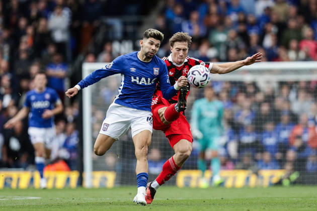 10th October 2026; Portman Road, Ipswich, Suffolk, England; Premier League Football, Ipswich Town versus Fulham; Tom Cairney of Fulham and David Affengruber of Fulham compete for the ball AndyxSkinner