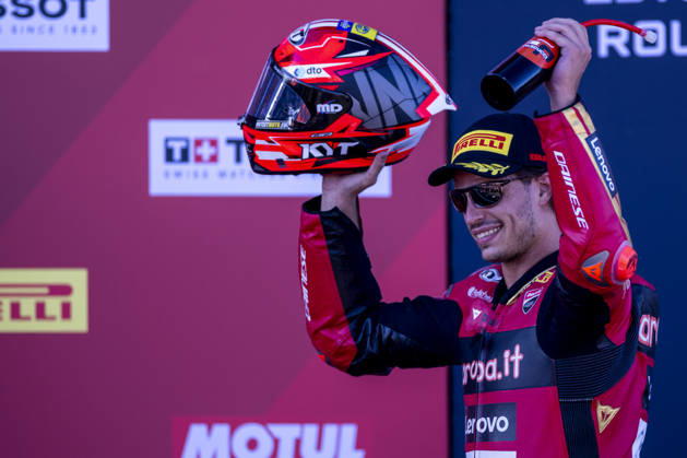 October 10, 2026, Cascais, Lisboa, Portugal: ESTORIL, PORTUGAL - OCTOBER 10: Nicolo Bulega of Italy and Aruba.it Racing - Ducati is seen on the podium celebrating the win during Race 1 during day two of the World Superbikes Estoril Round at Circuito Estoril on October 10, 2026 in Estoril, Portugal. Cascais Portugal - ZUMAl192 20261010_zsp_l192_107 Copyright: xMiguelxLemosx