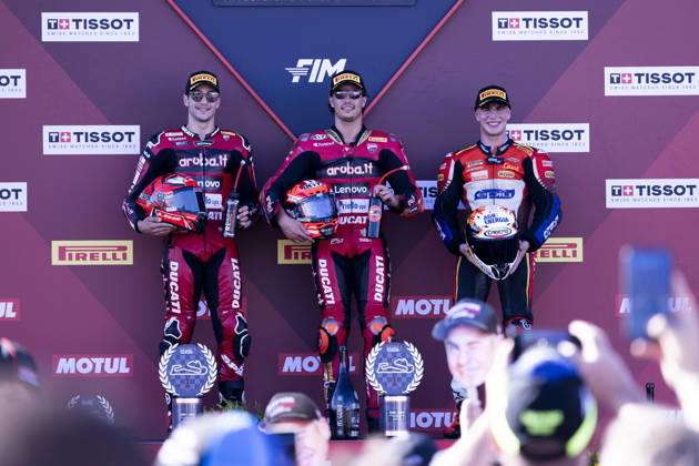 October 10, 2026, Cascais, Lisboa, Portugal: ESTORIL, PORTUGAL - OCTOBER 10: Nicolo Bulega of Italy and Aruba.it Racing - Ducati is seen celebrating the win on the final podium during Race 1 during day two of the World Superbikes Estoril Round at Circuito Estoril on October 10, 2026 in Estoril, Portugal. Cascais Portugal - ZUMAl192 20261010_zsp_l192_123 Copyright: xMiguelxLemosx