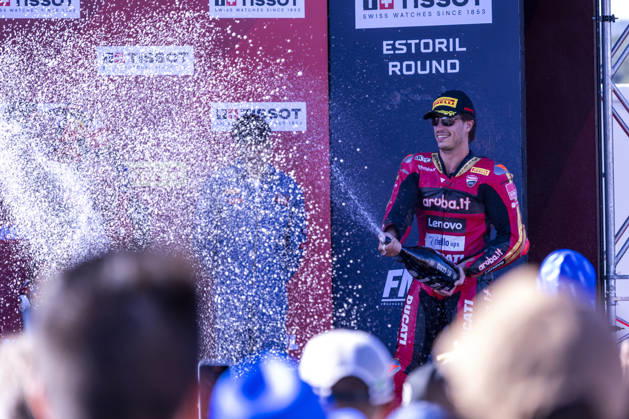 October 10, 2026, Cascais, Lisboa, Portugal: ESTORIL, PORTUGAL - OCTOBER 10: Nicolo Bulega of Italy and Aruba.it Racing - Ducati is seen celebrating the win on the final podium during Race 1 during day two of the World Superbikes Estoril Round at Circuito Estoril on October 10, 2026 in Estoril, Portugal. Cascais Portugal - ZUMAl192 20261010_zsp_l192_126 Copyright: xMiguelxLemosx