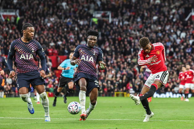 Premier League: Manchester United, ManU v Tottenham Hotspur Amad Diallo of Manchester United takes a shot on goal during the Premier League match Manchester United vs Tottenham Hotspur at Old Trafford, Manchester, United Kingdom on 10 October 2026 (Photo by Mark Cosgrove News Images) Manchester Old Trafford Greater Manchester United Kingdom Copyright: xMarkxCosgrove NewsxImagesx