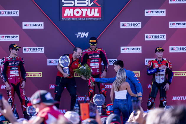 October 10, 2026, Cascais, Lisboa, Portugal: ESTORIL, PORTUGAL - OCTOBER 10: Nicolo Bulega of Italy and Aruba.it Racing - Ducati is seen celebrating the win on the final podium during Race 1 during day two of the World Superbikes Estoril Round at Circuito Estoril on October 10, 2026 in Estoril, Portugal. Cascais Portugal - ZUMAl192 20261010_zsp_l192_127 Copyright: xMiguelxLemosx