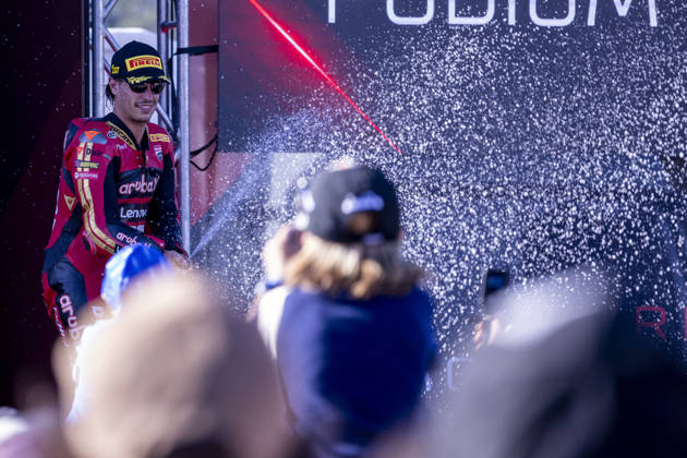 October 10, 2026, Cascais, Lisboa, Portugal: ESTORIL, PORTUGAL - OCTOBER 10: Nicolo Bulega of Italy and Aruba.it Racing - Ducati is seen celebrating the win on the final podium during Race 1 during day two of the World Superbikes Estoril Round at Circuito Estoril on October 10, 2026 in Estoril, Portugal. Cascais Portugal - ZUMAl192 20261010_zsp_l192_129 Copyright: xMiguelxLemosx