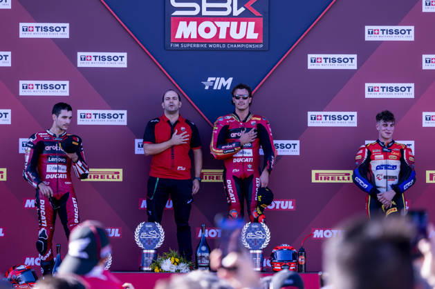 October 10, 2026, Cascais, Lisboa, Portugal: ESTORIL, PORTUGAL - OCTOBER 10: Nicolo Bulega of Italy and Aruba.it Racing - Ducati is seen celebrating the win on the final podium during Race 1 during day two of the World Superbikes Estoril Round at Circuito Estoril on October 10, 2026 in Estoril, Portugal. Cascais Portugal - ZUMAl192 20261010_zsp_l192_131 Copyright: xMiguelxLemosx