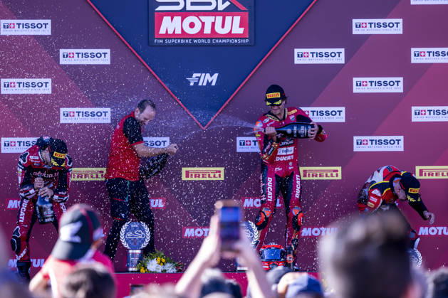 October 10, 2026, Cascais, Lisboa, Portugal: ESTORIL, PORTUGAL - OCTOBER 10: Nicolo Bulega of Italy and Aruba.it Racing - Ducati is seen celebrating the win on the final podium during Race 1 during day two of the World Superbikes Estoril Round at Circuito Estoril on October 10, 2026 in Estoril, Portugal. Cascais Portugal - ZUMAl192 20261010_zsp_l192_132 Copyright: xMiguelxLemosx