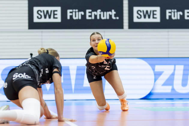 DEKRA 1. Bundesliga Frauen: Schwarz-Weiss Erfurt vs. Rote Raben Vilsbiburg; Erfurt; 10.10.2026 Pia Fernau ( 2; Rote Raben Vilsbiburg) DEKRA 1. Bundesliga Frauen: Schwarz-Weiss Erfurt vs. Rote Raben Vilsbiburg; Riethsporthalle Erfurt; 10.10.2026 Copyright: xBEAUTIFULxSPORTS Duehringx