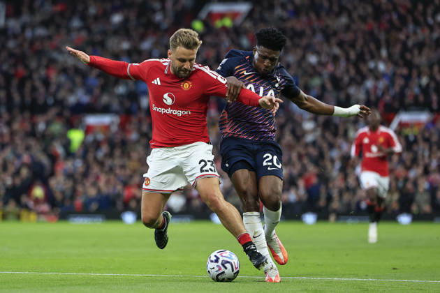 Manchester United, ManU v Tottenham Hotspur, Premier League Luke Shaw (23) of Manchester United and Mohammed Kudus (20) of Tottenham Hotspur challenge for the ball during the Premier League match between Manchester United and Tottenham Hotspur at Old Trafford, Manchester, UK on 10 October 2026. Manchester Old Trafford Greater Manchester UK Editorial use only DataCo restrictions apply See www.football-dataco.com , Copyright: xConorxMolloyx PSI-24986-0044
